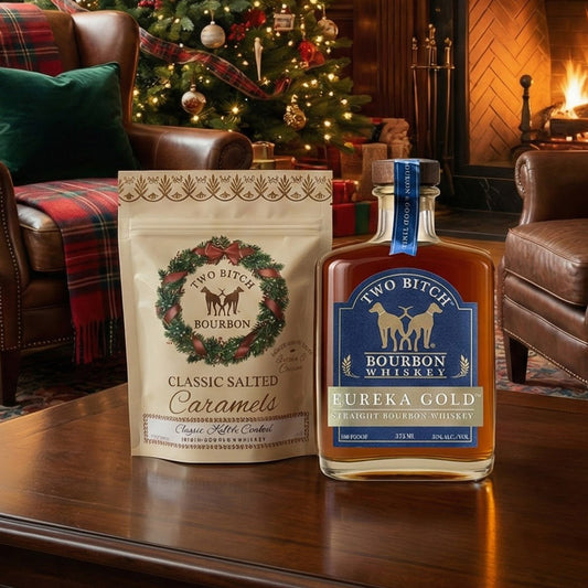 Two Bitch™ Bourbon Eureka Gold™ (375 mL) — 92 Proof + Classic Salted Holiday Caramels