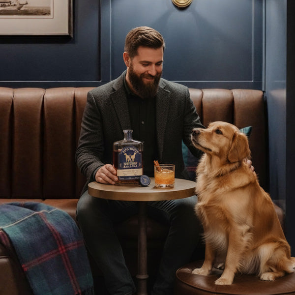 Man sitting on a brown leather couch with a dog, holding a bottle of Two Bitch Bourbon and a glass.