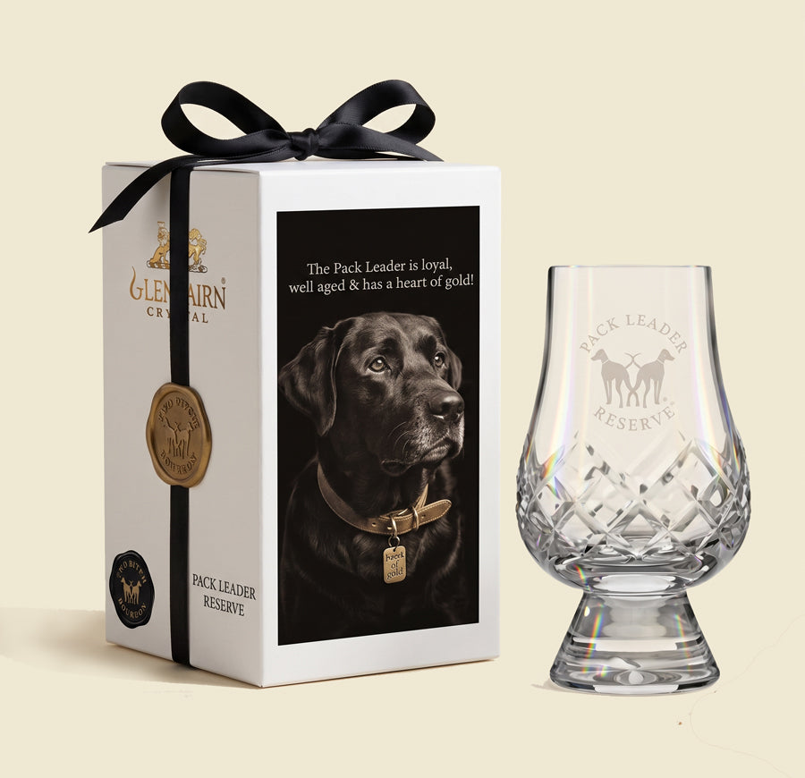 Hand-cut crystal Glencairn engraved with Two Bitch Bourbon logo