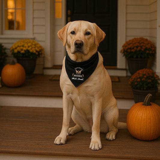 Yellow lab on a porch wearing Two Bitch™ Bourbon Pack Leader bandana