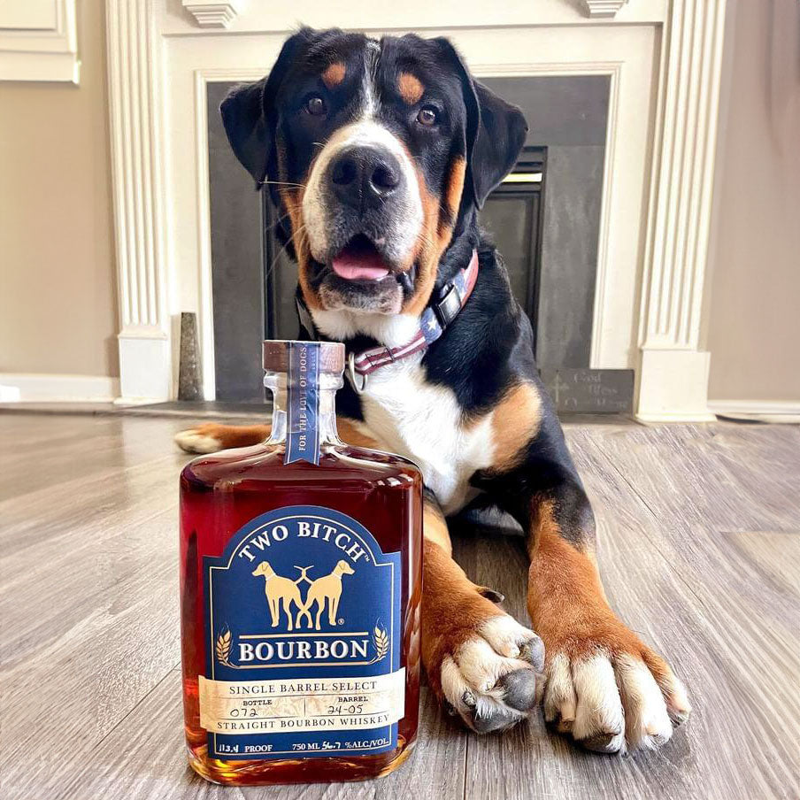 Samson the Dog with a bottle of Two Bitch Bourbon Single Barrel Select