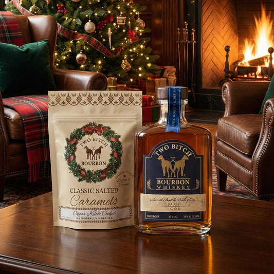 Two Bitch™ Bourbon Small Batch With Bite (375mL) 100 Proof + Classic Salted Holiday Caramels