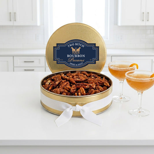 Two Bitch Bourbon Pecans In Gold Gift Tin